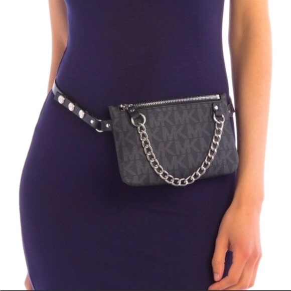 MICHAEL Michael Kors Handbags - Michael Kors Pull Chain Belt Black Coated Canvas Baguette